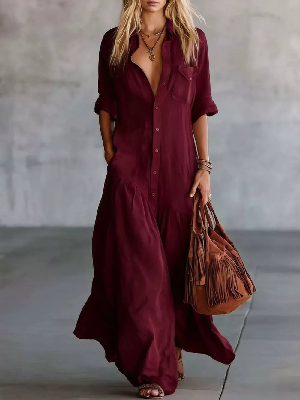 Button Front Roll-up Sleeve Maxi Dress Plus Size in Burgundy, back view