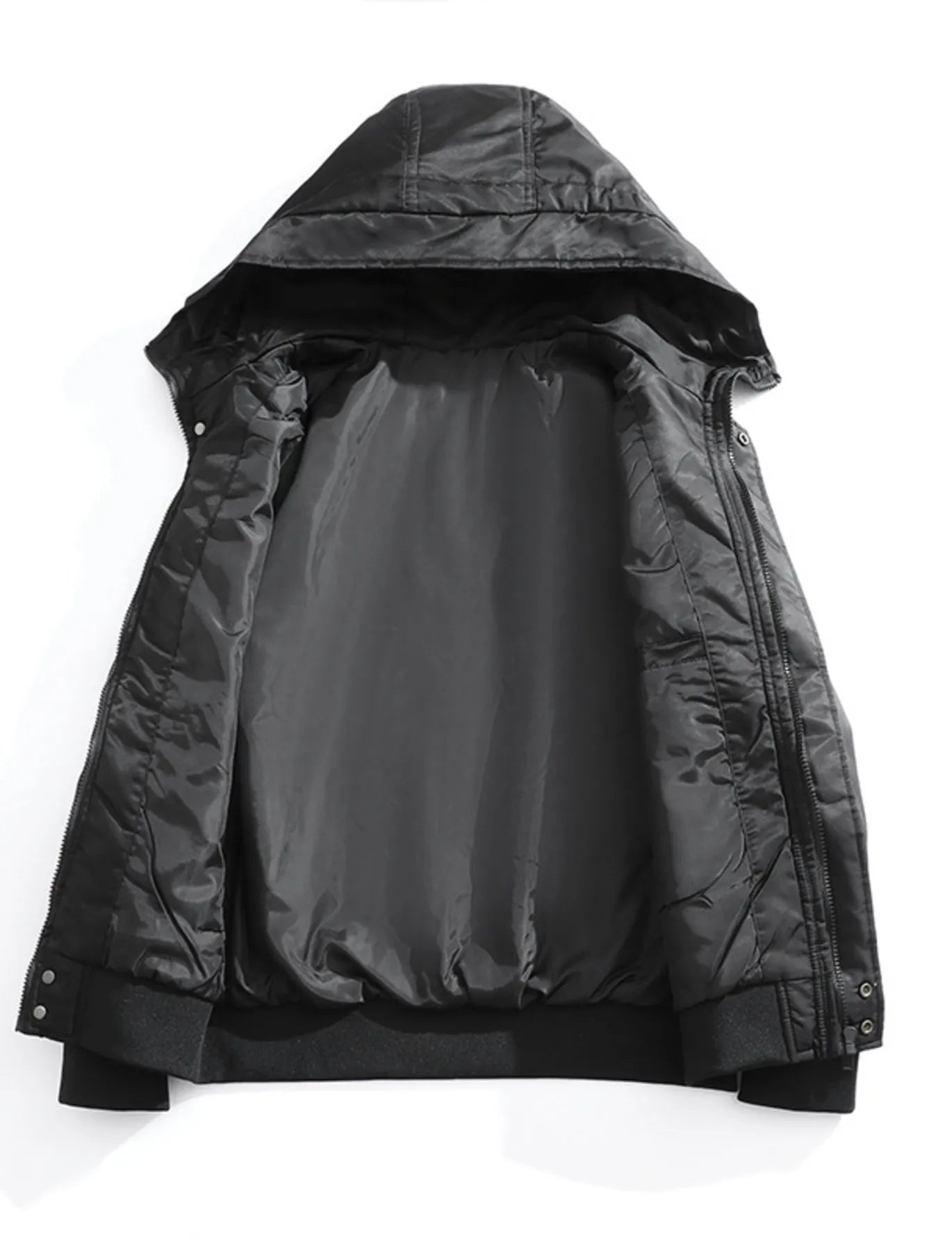 Black hooded windbreaker jacket for men with zippered front and elastic cuffs.