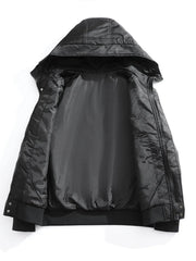 Black hooded windbreaker jacket for men with zippered front and elastic cuffs.