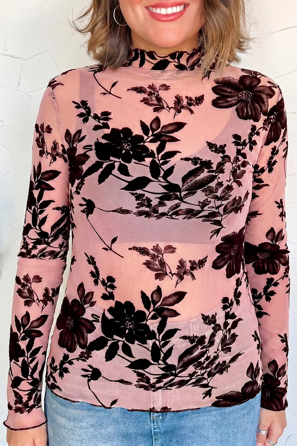 Floral Print Mesh Long Sleeve Blouse in Dusty Pink, close-up detail