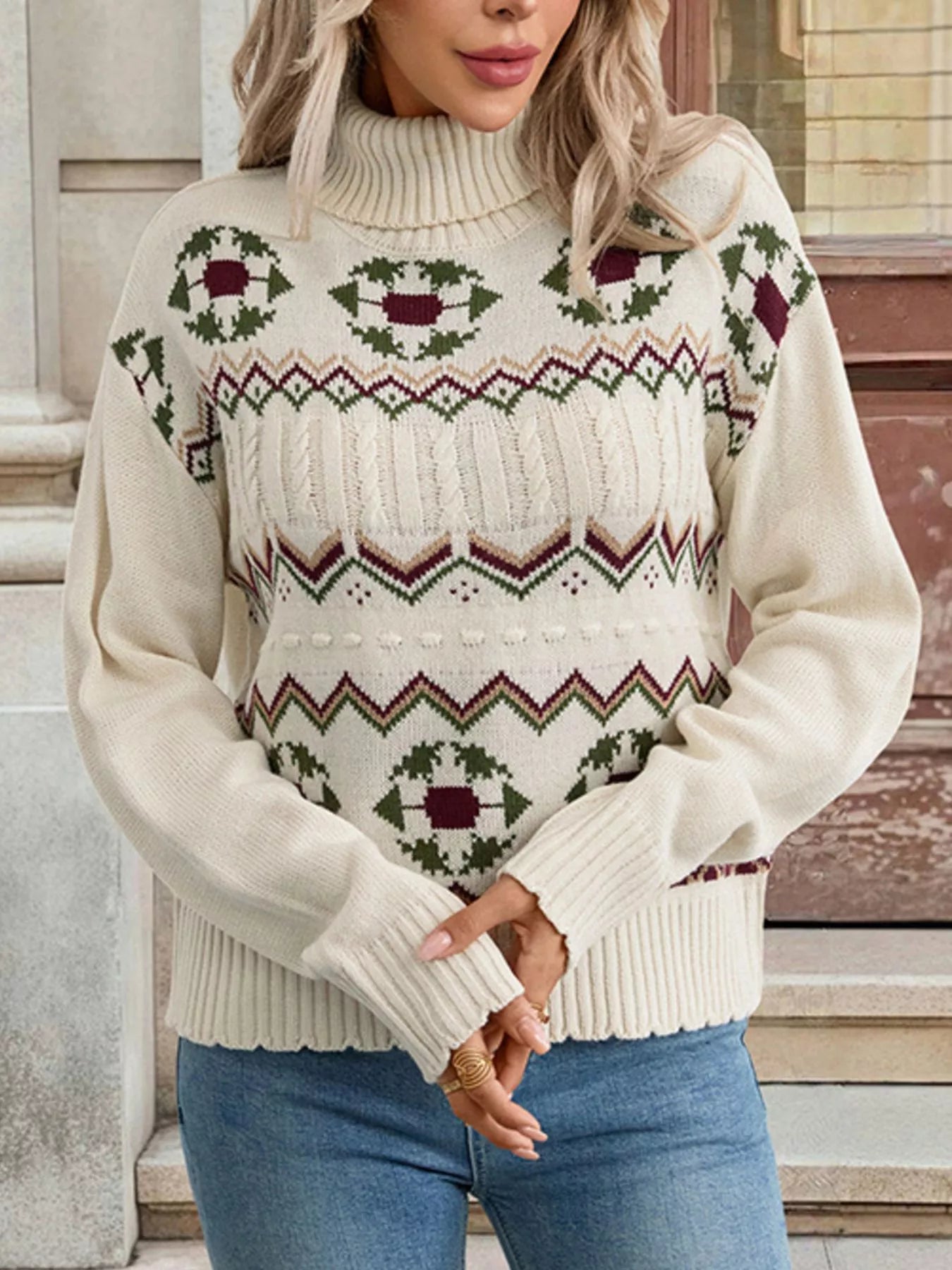 Ivory geometric cable-knit turtleneck sweater with a fair isle pattern.