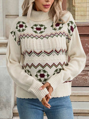 Ivory geometric cable-knit turtleneck sweater with a fair isle pattern.