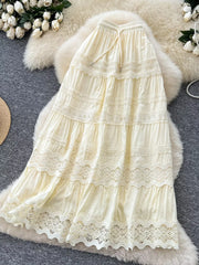 Apricot tiered maxi skirt with lace trim and drawstring waist