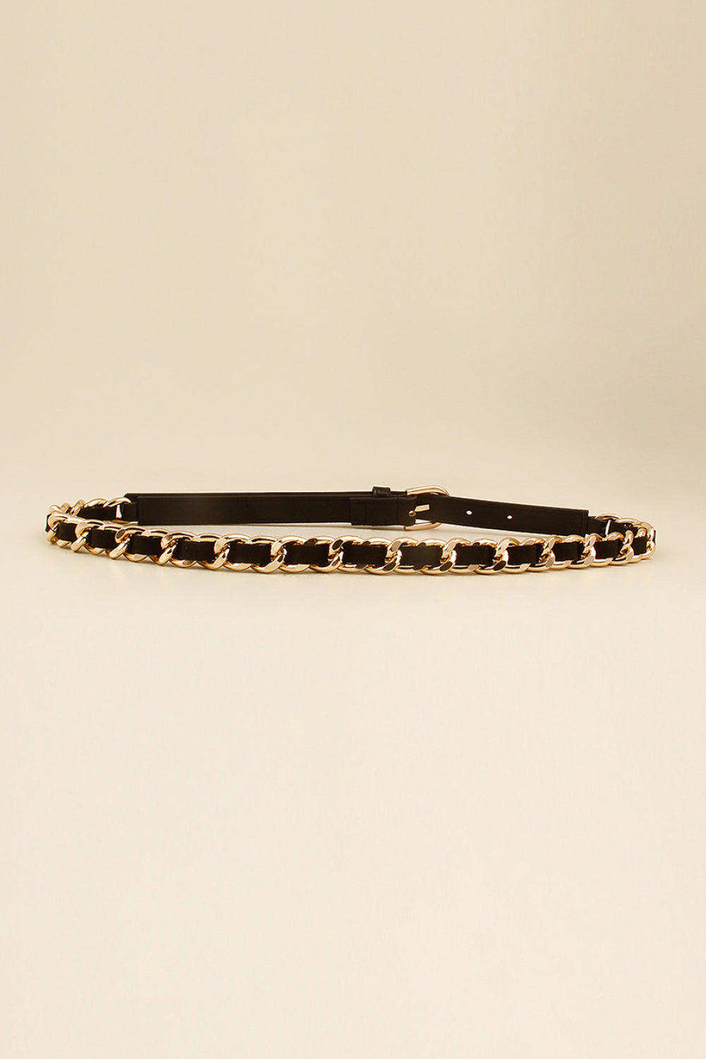 Black leather belt with gold chain detail and buckle