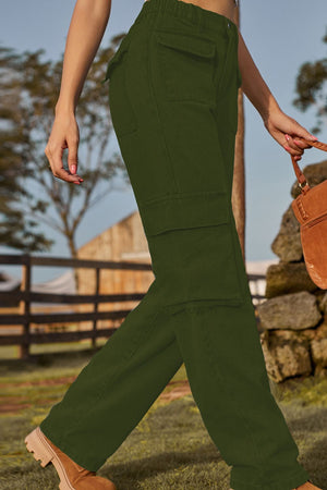 Army green denim cargo pants with multiple utility pockets and a relaxed fit.