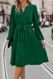 Emerald green midi dress with V-neck, poet sleeves, and tie waist.