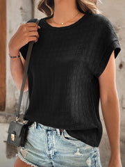 Black woven texture cap-sleeve blouse with a crew neck.