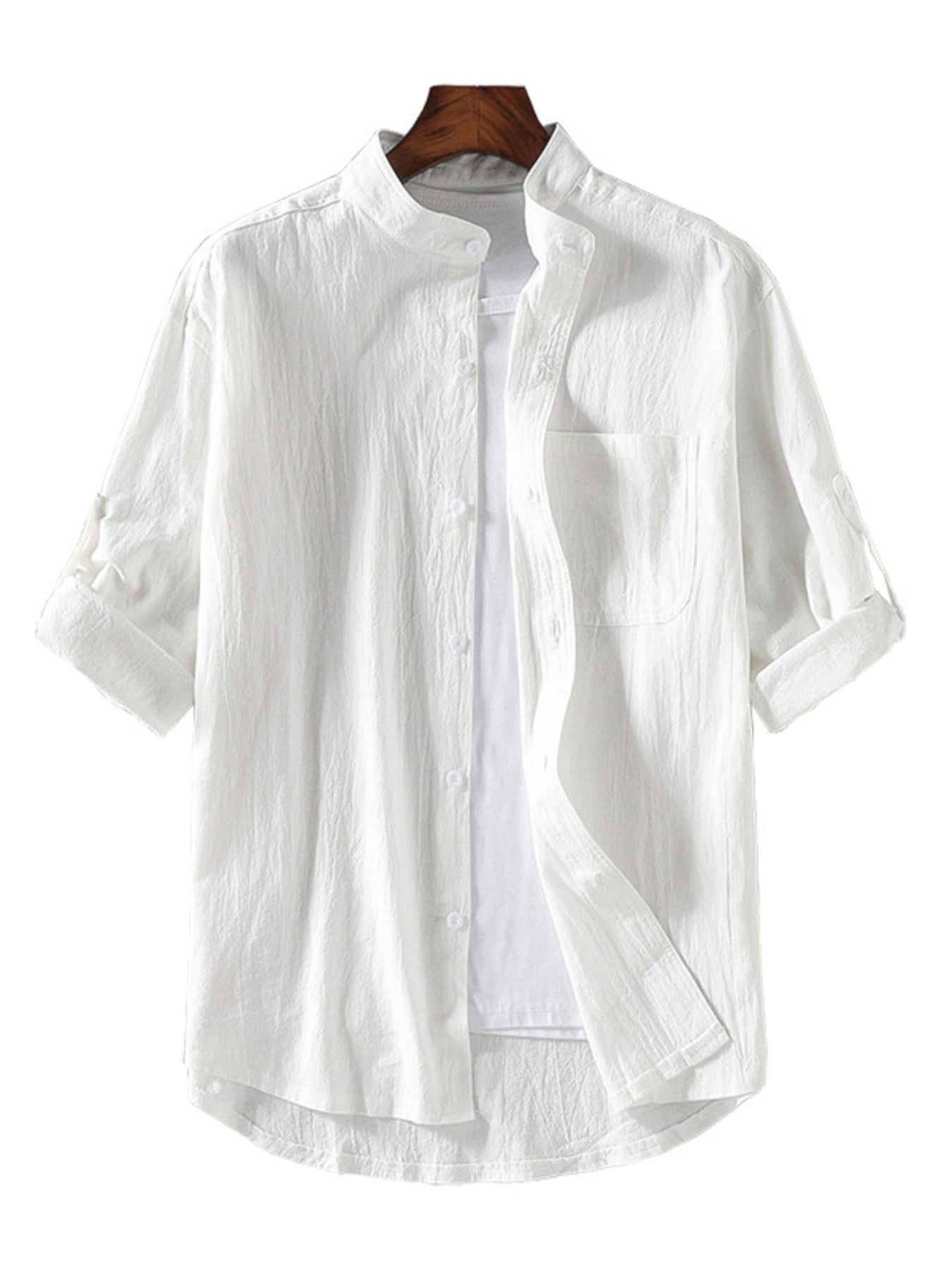Men's white casual button-up shirt with band collar and rolled sleeves