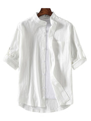 Men's white casual button-up shirt with band collar and rolled sleeves