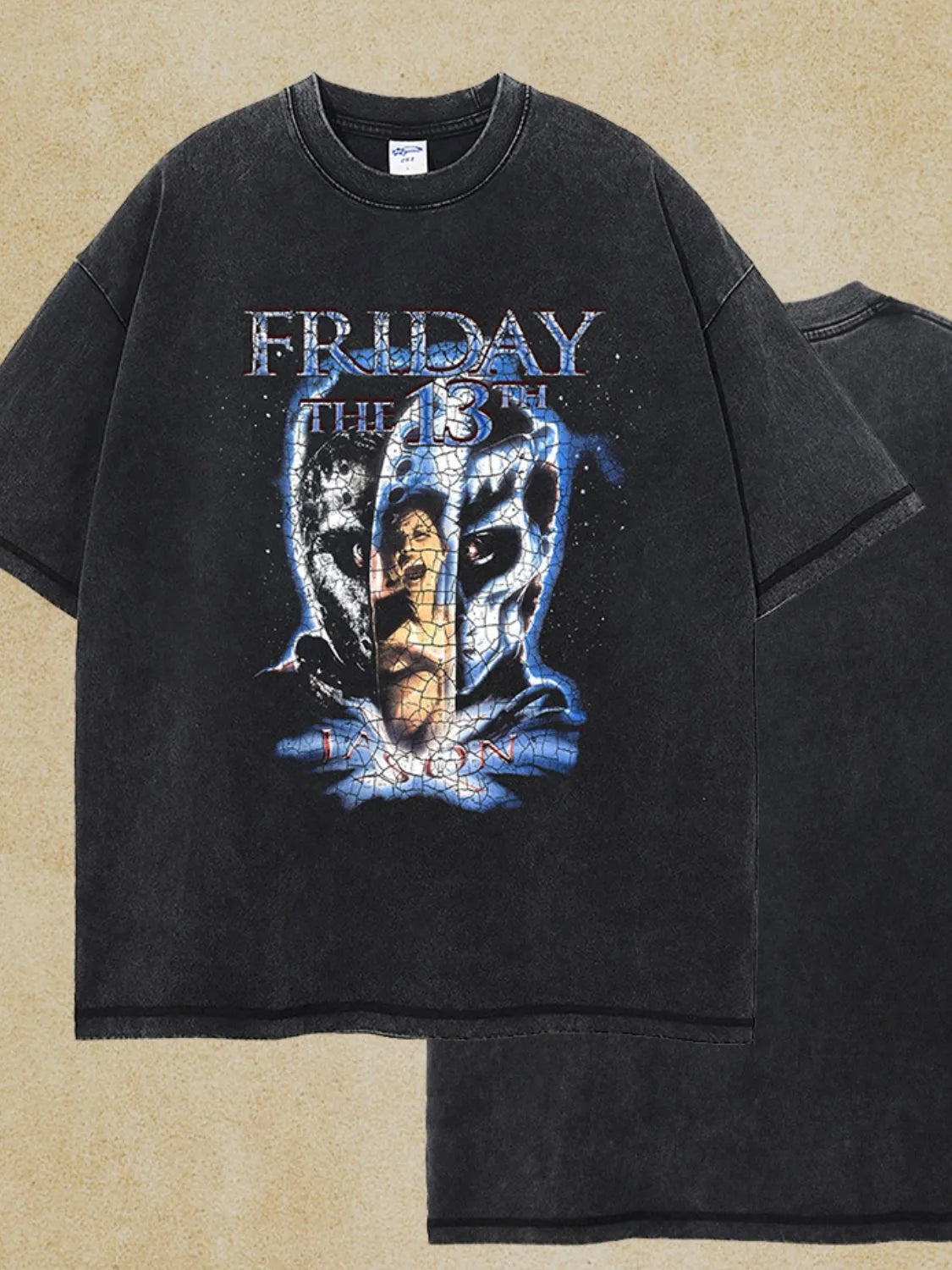 Black vintage wash graphic tee with Friday the 13th Jason Voorhees graphic.