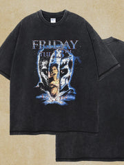 Black vintage wash graphic tee with Friday the 13th Jason Voorhees graphic.