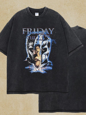 Black vintage wash graphic tee with Friday the 13th Jason Voorhees graphic.