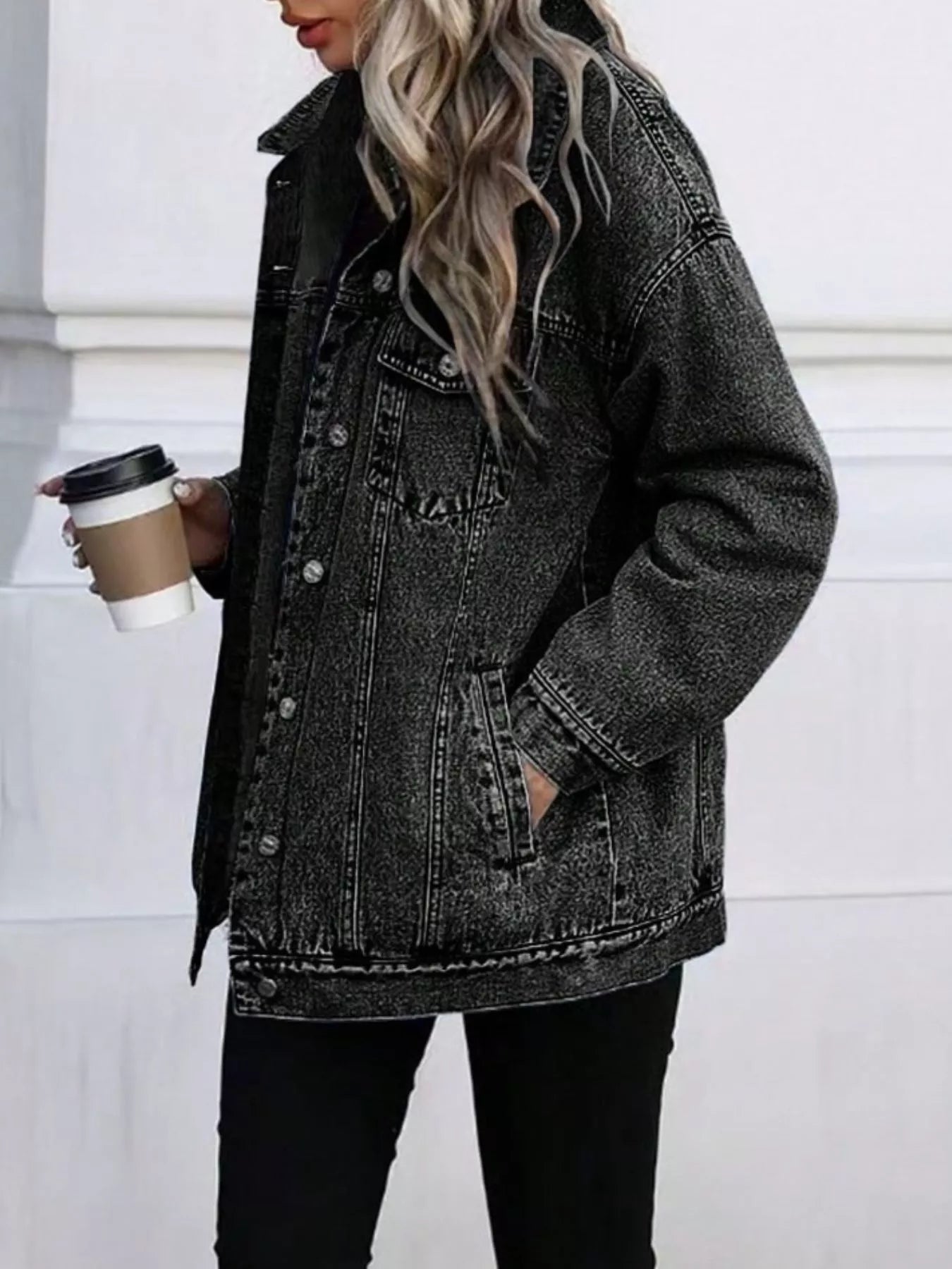 Oversized washed denim jacket in grey with button front and pockets.