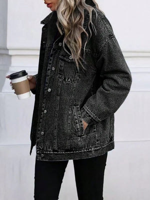 Oversized washed denim jacket in grey with button front and pockets.