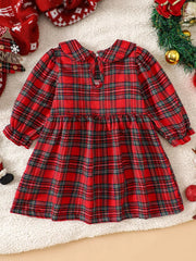 Baby red plaid cotton blend dress with Peter Pan collar and long sleeves.