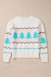 White knit sweater with textured tree motif and zigzag stripes.