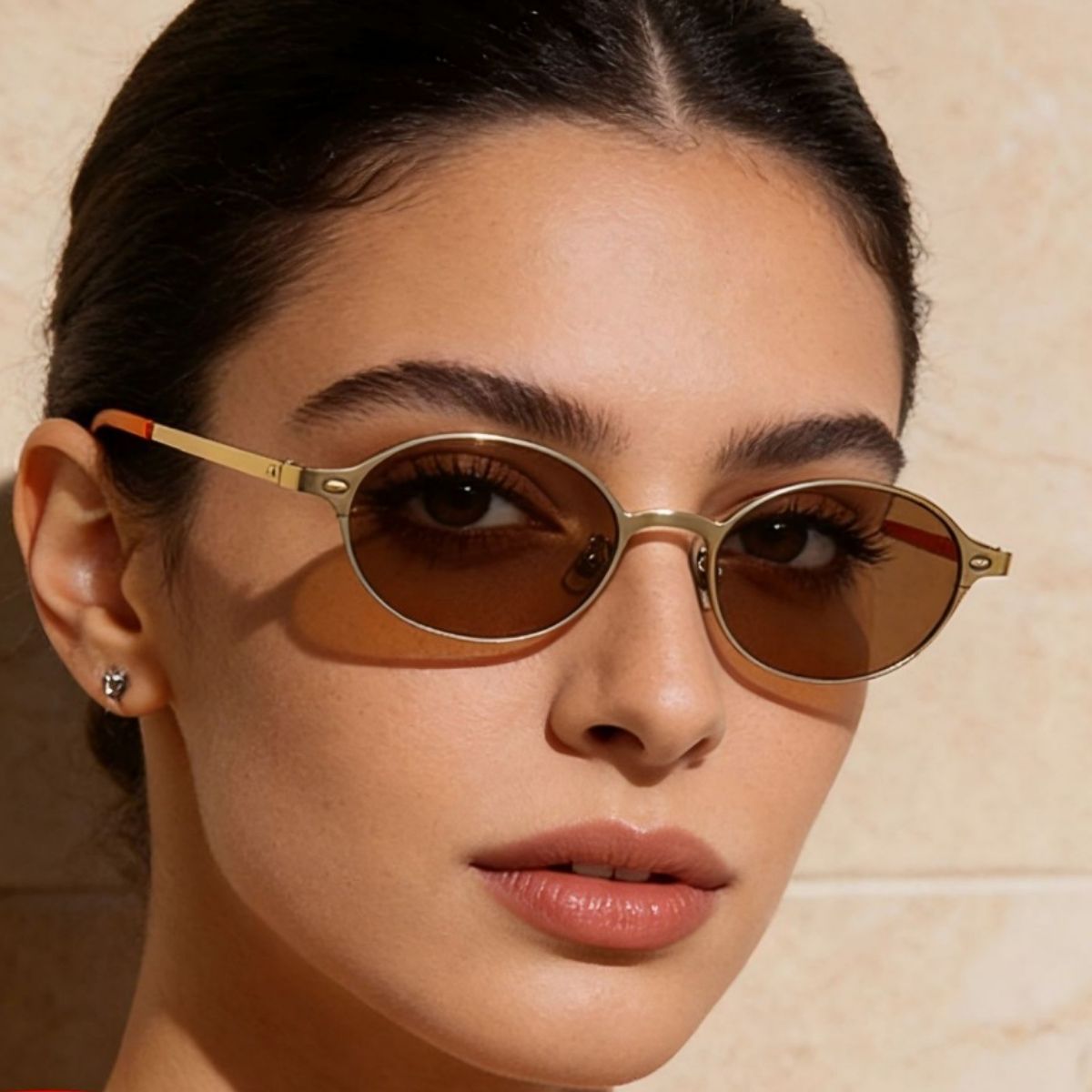 Chic vintage oval sunglasses with gold frames and brown lenses.