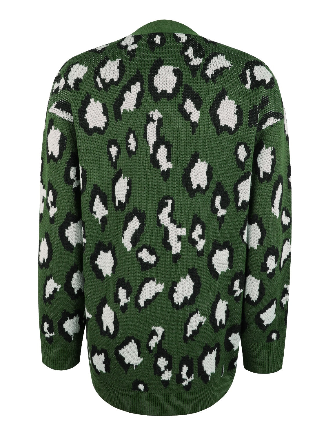 Army green knit cardigan with black and white leopard print, open front, long sleeves.
