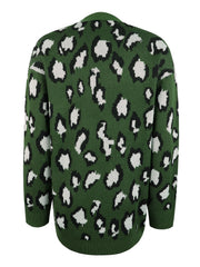 Army green knit cardigan with black and white leopard print, open front, long sleeves.
