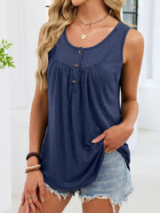 Navy blue ruched tank top with button detail and curved hem
