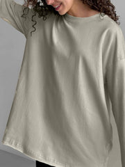 Oversized taupe cotton jersey long sleeve top with crew neck.