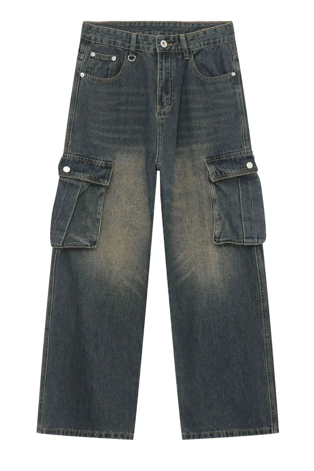 Faded wash dark wide-leg cargo jeans with multiple pockets.