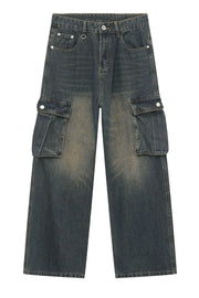 Faded wash dark wide-leg cargo jeans with multiple pockets.