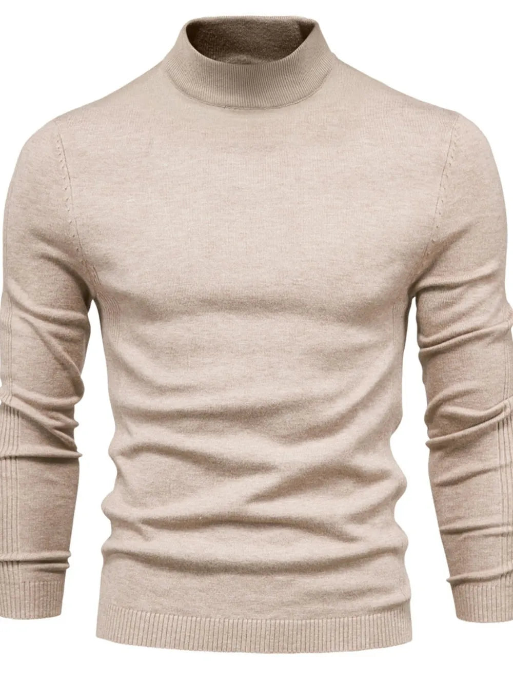 Men's beige ribbed mock neck sweater with sculpted shoulders and long sleeves.