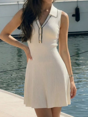 Sleeveless Ribbed Knit Polo Sweater Dress in Beige, model styling view