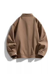 Oversized casual jacket in camel brown cotton with snap details and a collared neckline.