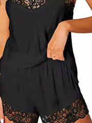 Black lace trimmed cami and shorts set with V-neck detail
