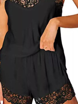 Black lace trimmed cami and shorts set with V-neck detail