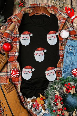 Black cotton t-shirt with all-over Santa sequin motif, crew neck, short sleeves.