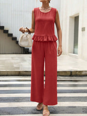 Red ruffled hem sleeveless top and wide-leg pants set