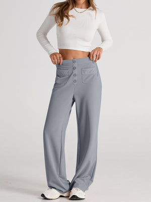 Gray button-front palazzo trousers with flap pockets and a wide leg.