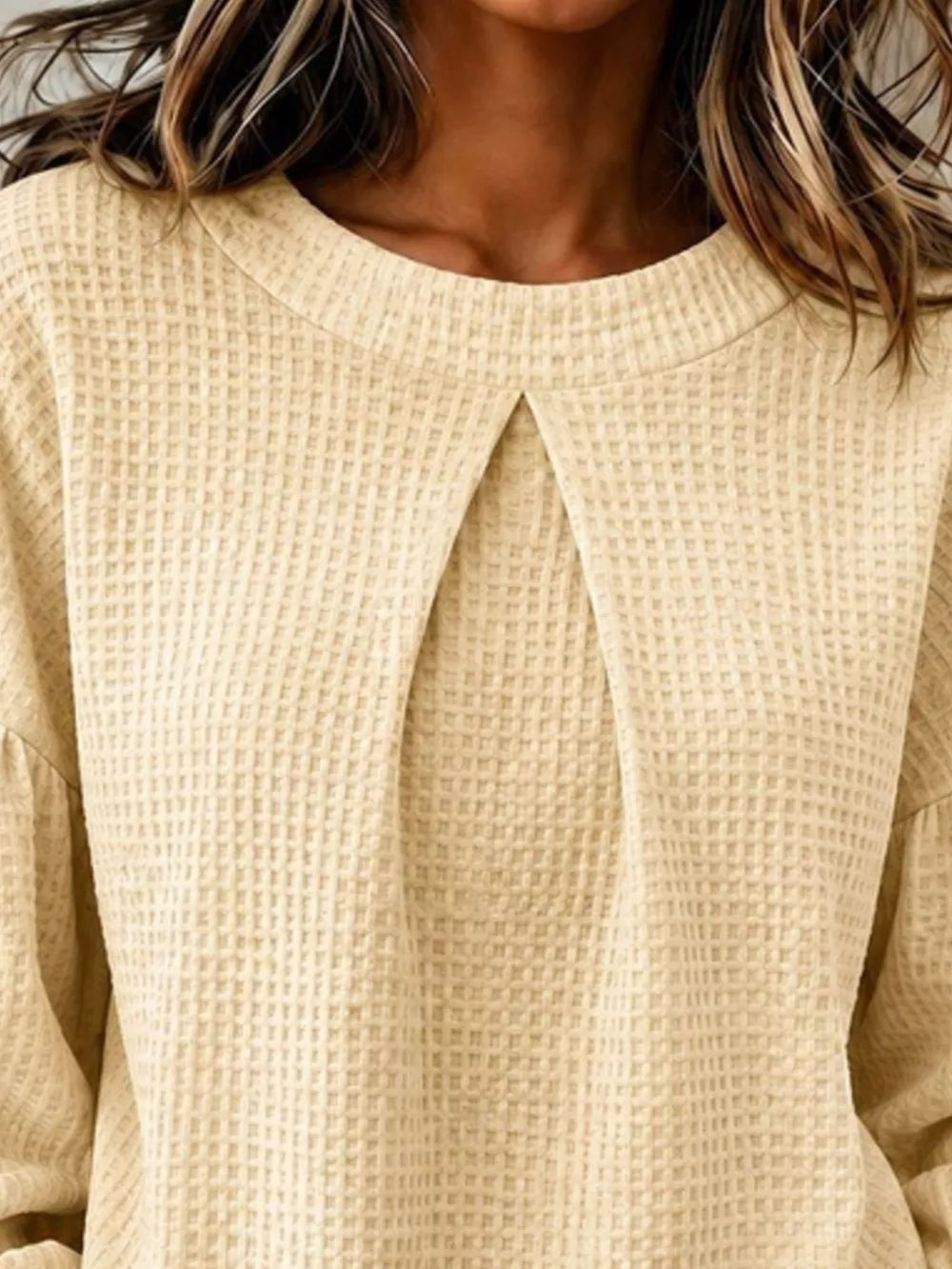 Waffle Knit Round Neck Top in Burgundy, side view