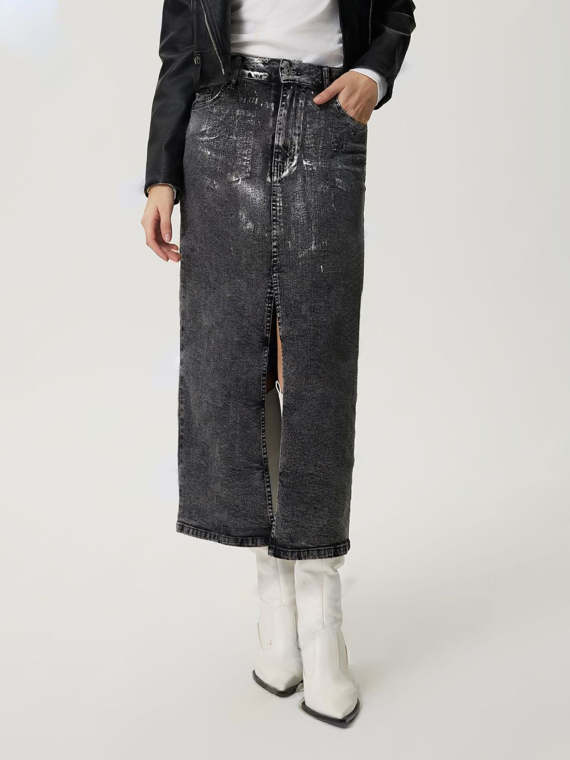 Black distressed denim maxi skirt with high slit and buttoned waist.