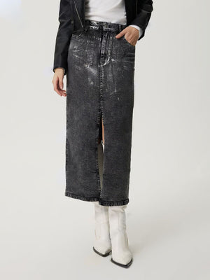 Black distressed denim maxi skirt with high slit and buttoned waist.