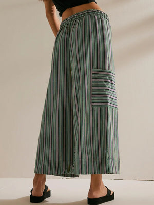 Moss green striped culottes with cargo pocket detail and elastic waistband.