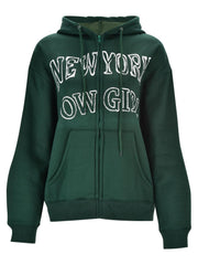 Dark green zip hoodie with white New York graphic, drawstring hood, and front pocket.
