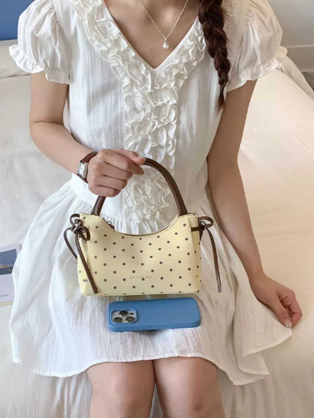 Polka Dot Mini Crossbody Bag in Blue, fit detail
