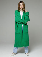 Green oversized ribbed-trim maxi cardigan with pockets and cuffed sleeves