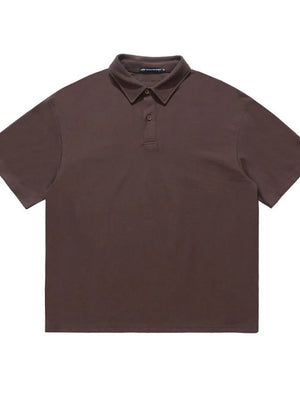 Brown cotton polo shirt with buttoned placket and spread collar