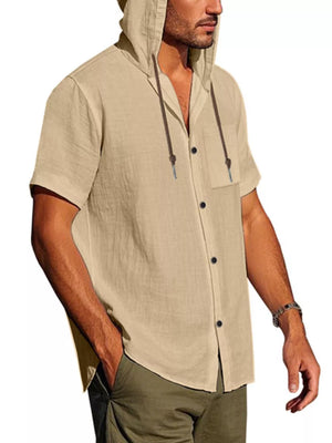 Men's tan hooded casual shirt with pocket and button-down front.
