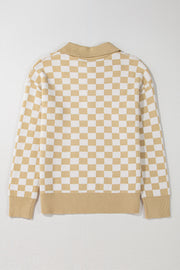 Tan and white checkerboard knit polo sweater with ribbed collar, cuffs, and hem.
