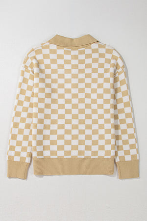 Tan and white checkerboard knit polo sweater with ribbed collar, cuffs, and hem.