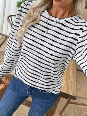 Textured knit long-sleeve t-shirt in black and white stripes with a crew neck.