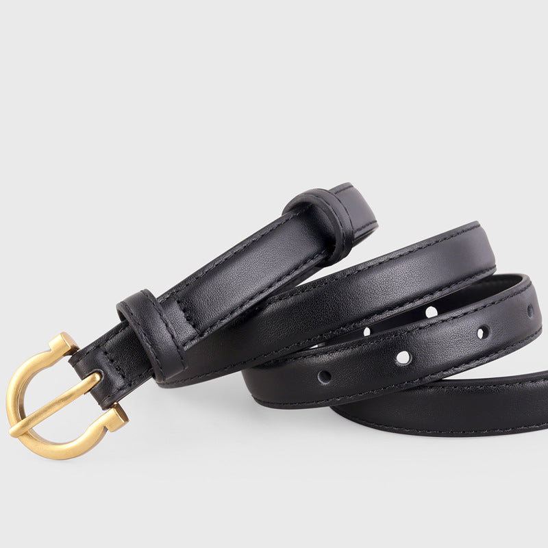 Black cowhide leather belt with gold buckle and stitched detail.