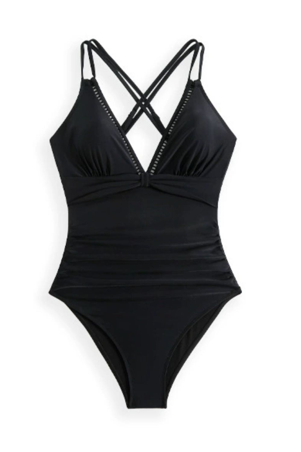 Black ruched halterneck swimsuit with crisscross straps and cutout detail