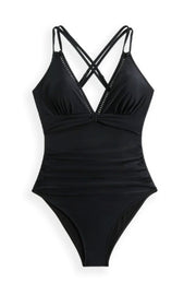 Black ruched halterneck swimsuit with crisscross straps and cutout detail